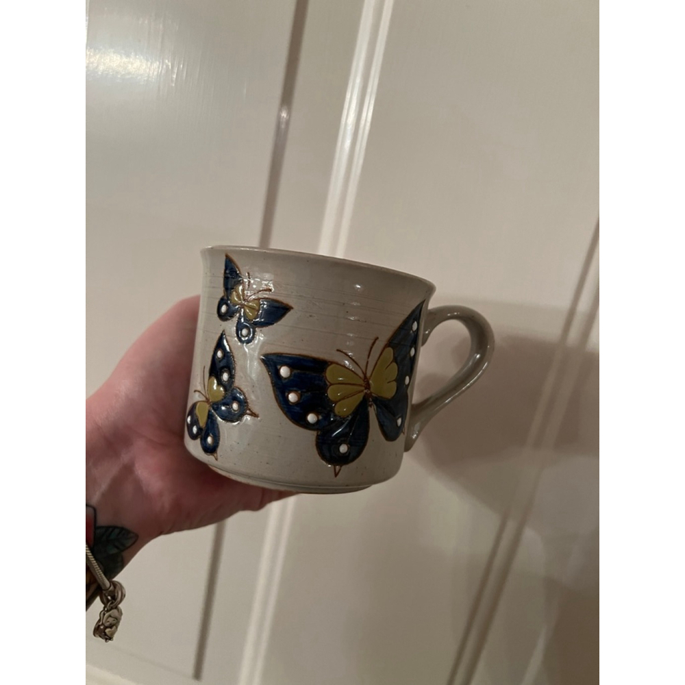Vintage Blue Butterfly Stoneware Mug Cup Embossed